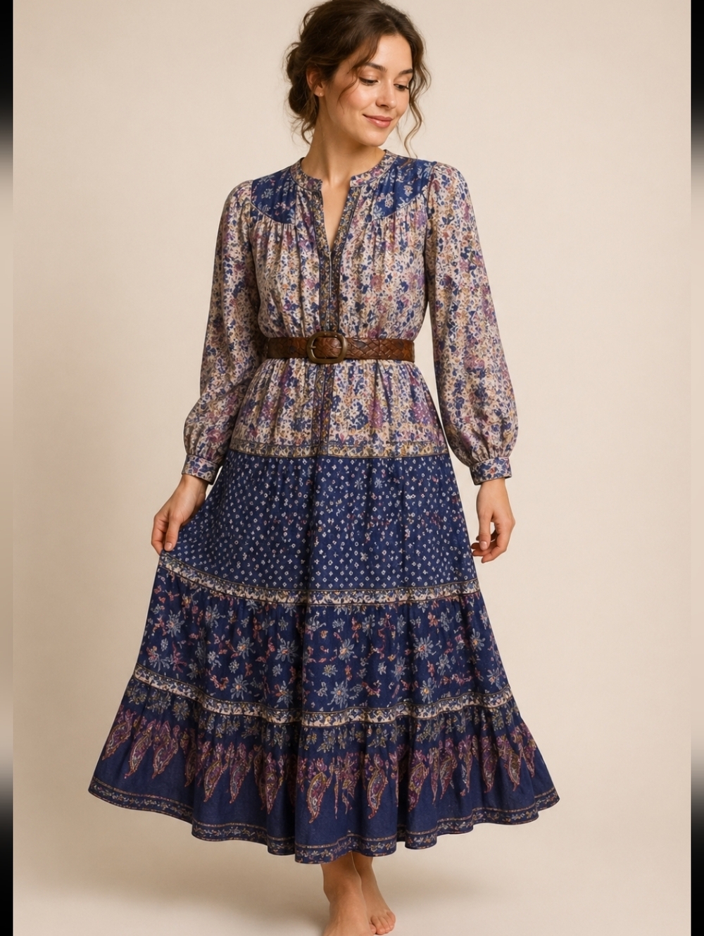 Vintage 70's KAISER Pakistani  semi sheer floral midi dress sz M
